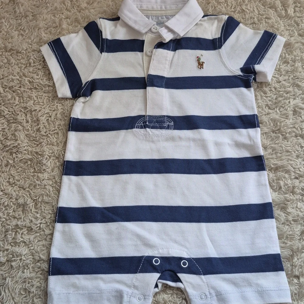 RALPH LAUREN Blue stripe 3 Mo Baby Boy Short sleeve button Polo Snap One Piece